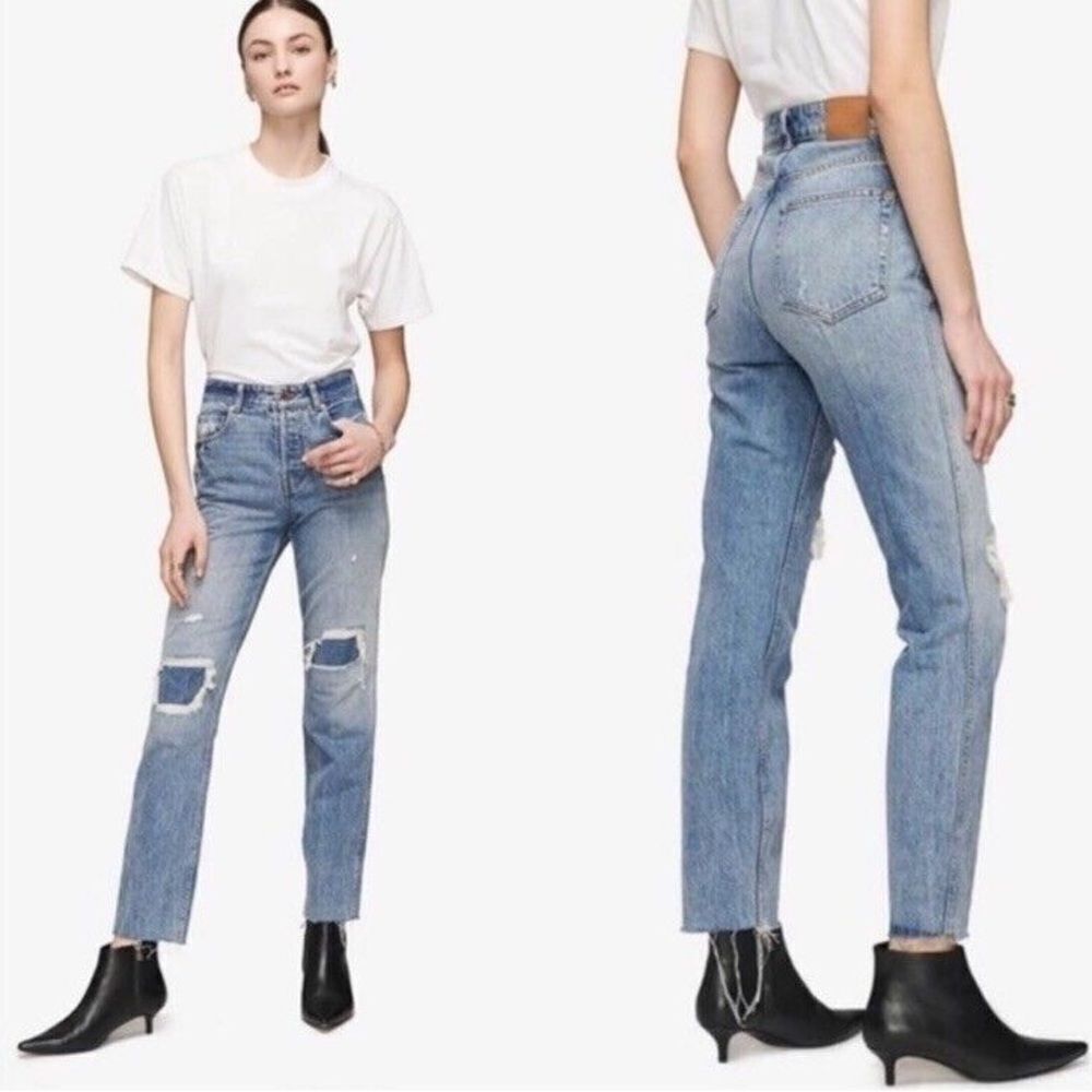 Anine Bing Sonya High Rise Slim Straight Jeans in Washed Blue Size 30